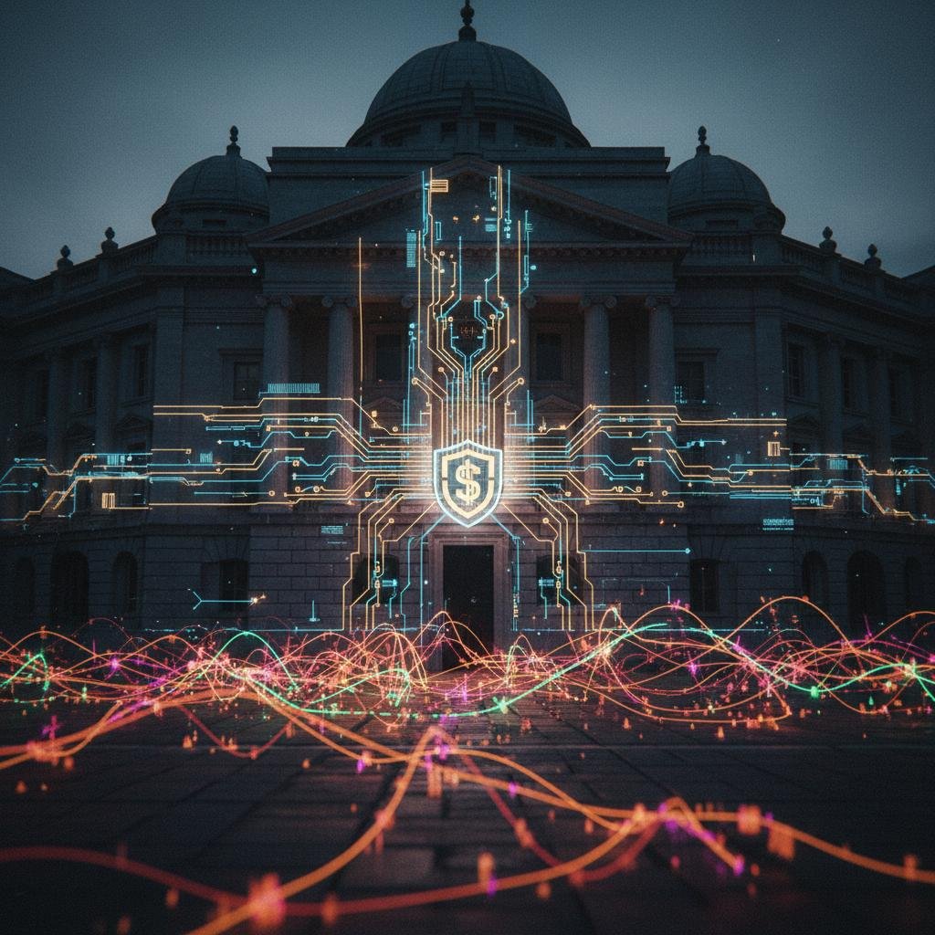 a-100-trillion-giant-just-tokenized-on-a-permissioned-chain-crypto-purists-are-furious.jpeg Digital circuit overlay with dollar sign shield on a bank building with colorful data lines.