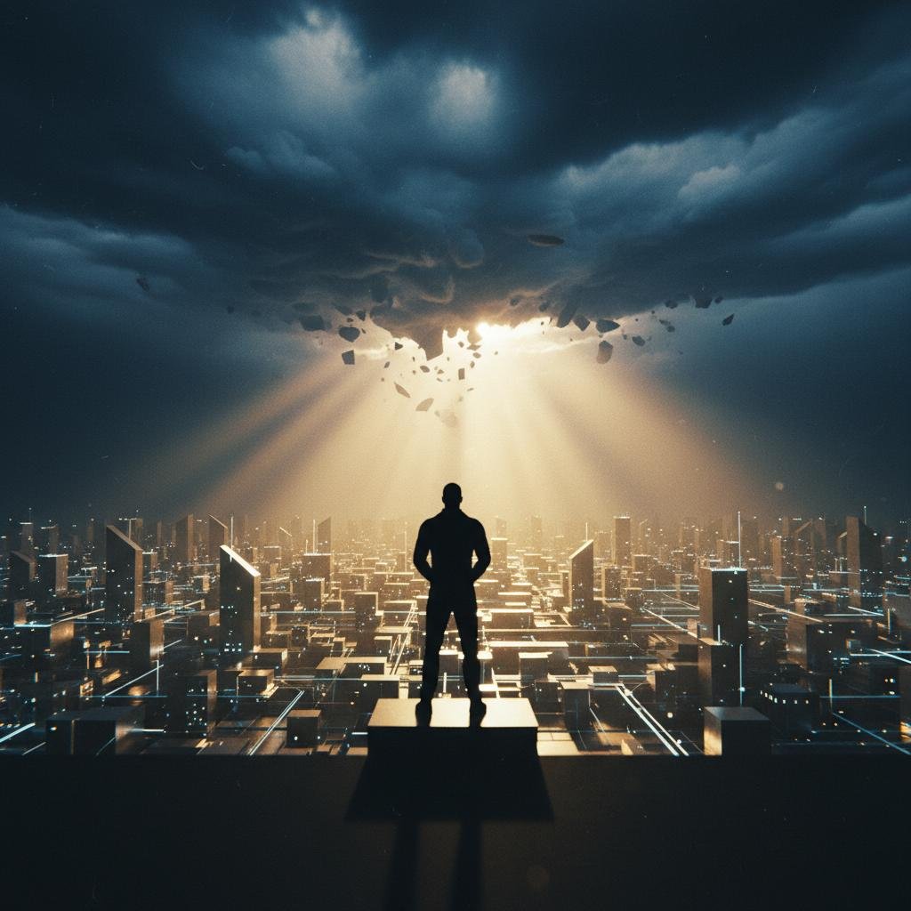 Silhouetted figure stands on a rooftop overlooking a futuristic city bathed in dramatic light from a stormy, breaking sky.