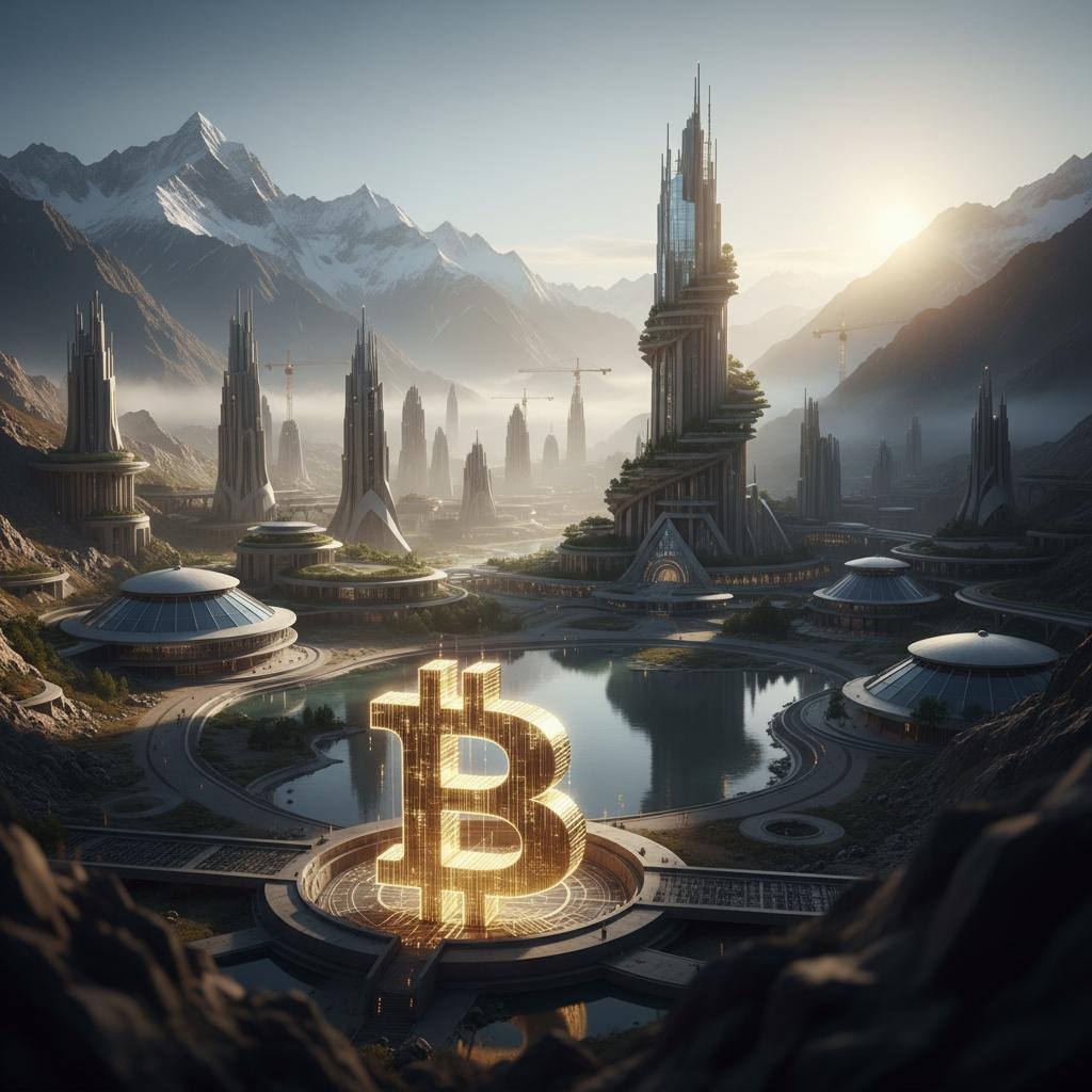 Giant glowing Bitcoin symbol in a futuristic city by a lake, surrounded by mountains under a hazy sky.