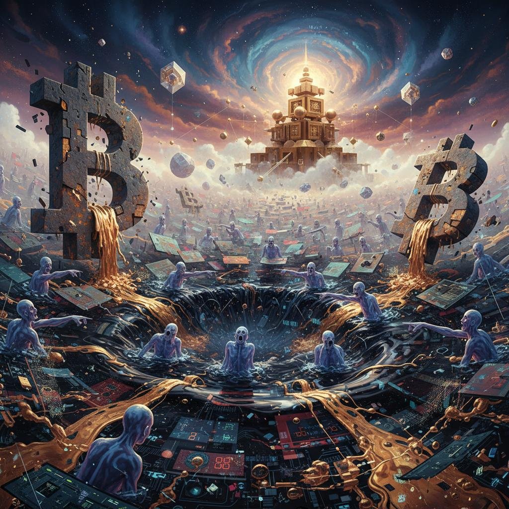 Bitcoin symbols pour golden liquid over a digital landscape with pale figures emerging from a swirling vortex under a cosmic sky.