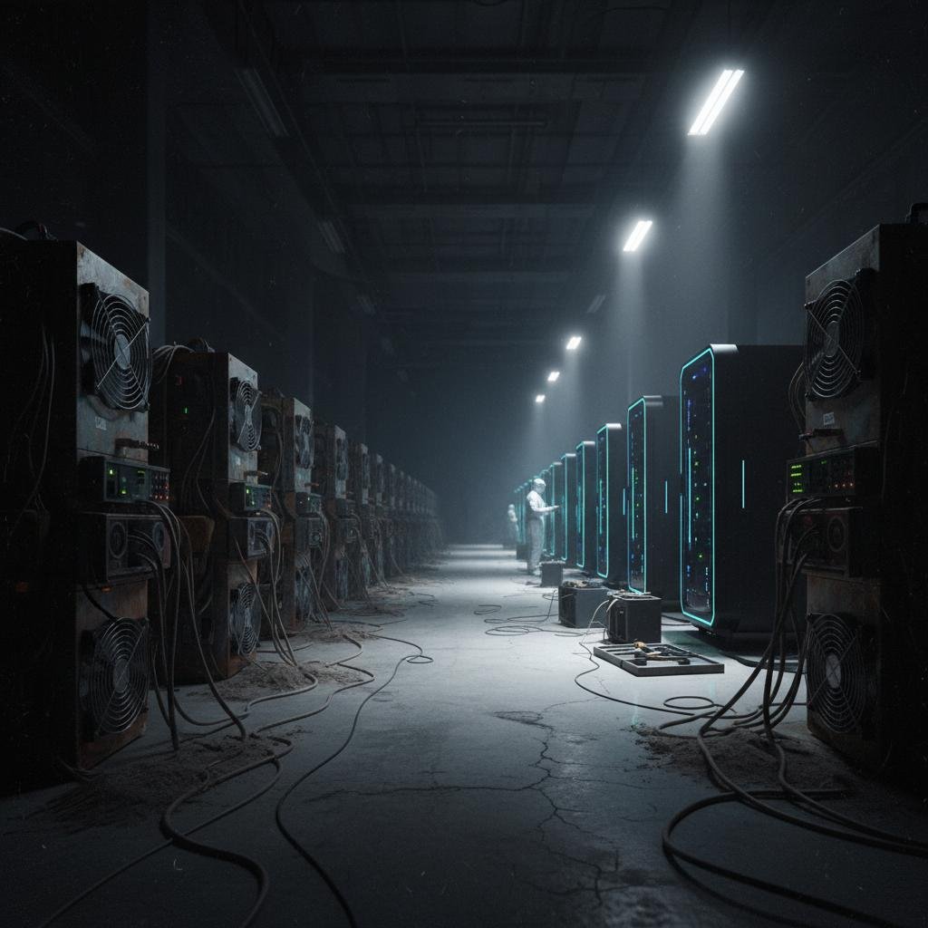 Person in protective suit inspects servers in a dark, industrial corridor.