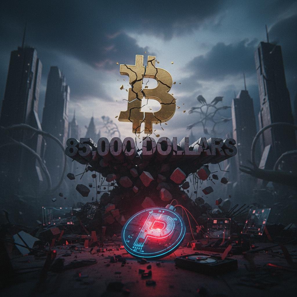 Cracked gold Bitcoin symbol above crumbling 