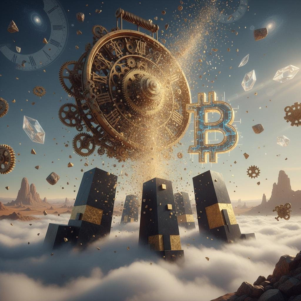 Steampunk clock shattering into golden dust over geometric structures, with a glowing Bitcoin symbol in a desert sky.