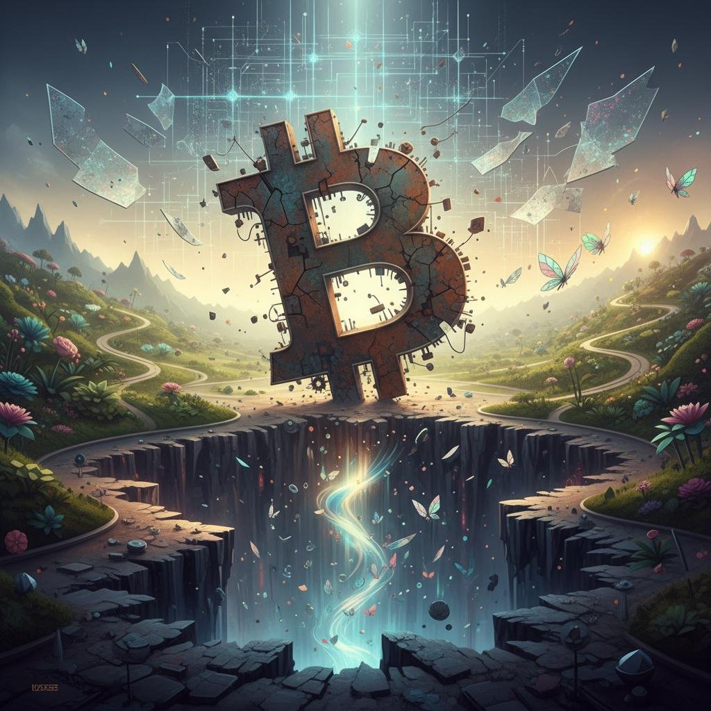 Rusting Bitcoin symbol crumbling into a glowing abyss, surrounded by a digital network and ethereal butterflies.