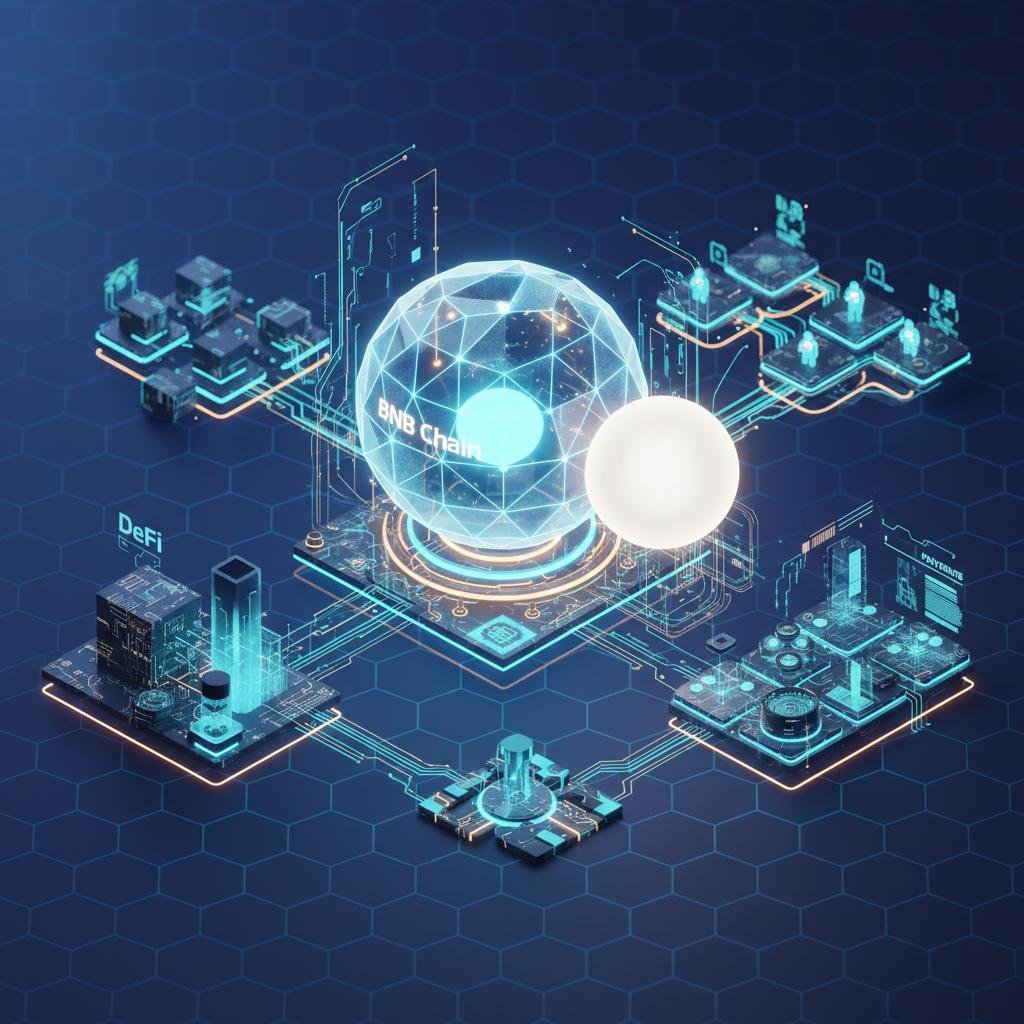 BNB Chain globe at the center of a decentralized digital ecosystem with DeFi and P2E platforms.