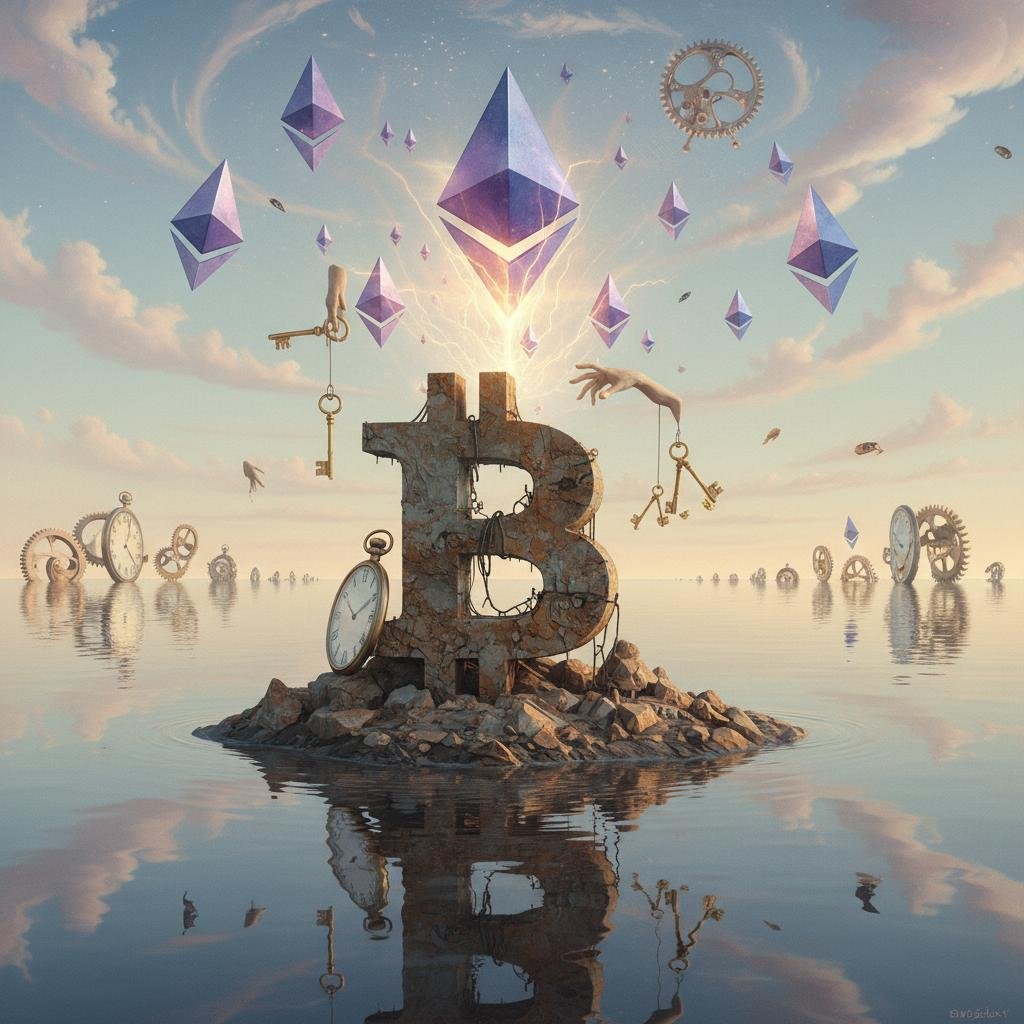 boj-pumps-the-brakes-but-bitcoin-barely-blinks-ethereum-though-it-s-primed.jpeg Weathered Bitcoin symbol on rocky island, glowing Ethereum symbols in sky above water.