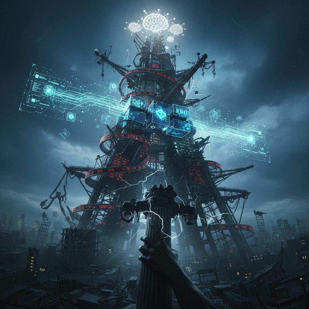 coinbase-wants-to-be-your-everything-exchange-don-t-hold-your-breath.jpeg A hand grasping a lightning-struck pillar in a ruined city with a towering structure displaying digital data and glowing brains.