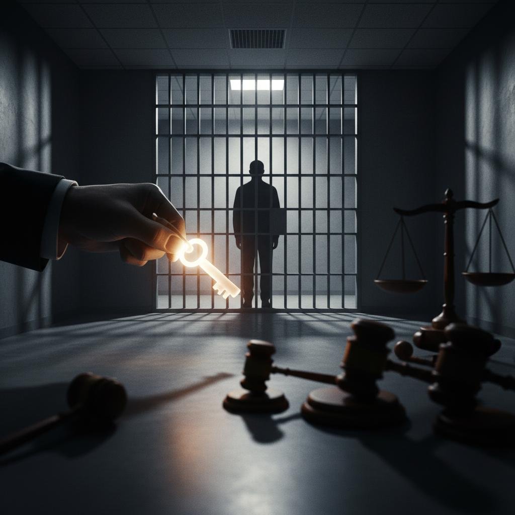 Hand holds glowing key towards person behind prison bars, with gavels and scales of justice nearby.