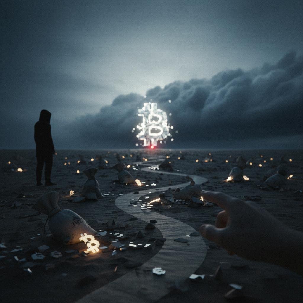 Person on a desolate path towards a glowing Bitcoin symbol under a dark sky.