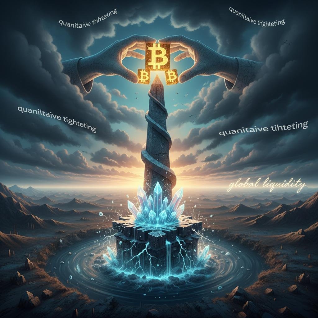 Hands place a golden Bitcoin symbol atop a glowing crystal tower in a desolate landscape with dark clouds.