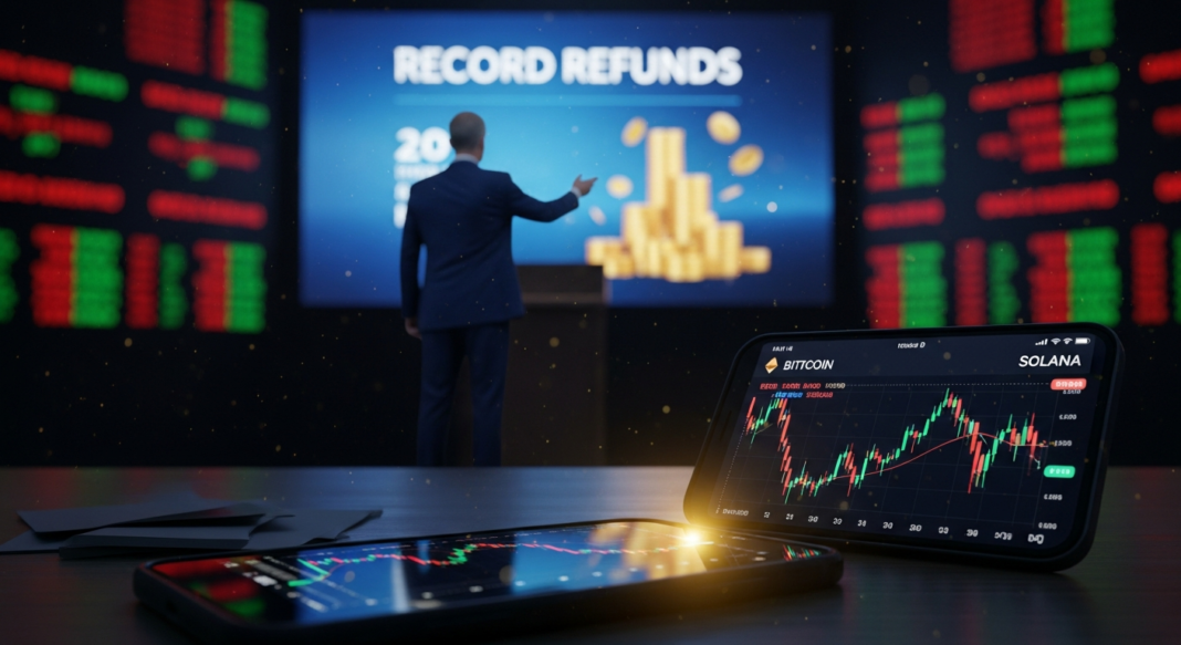 A presenter stands before a 'Record Refunds' screen with smartphones displaying crypto trading charts in the foreground.