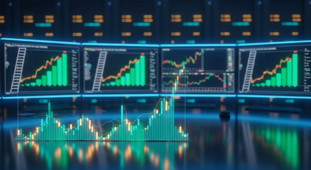 file-10.png-10 Four computer monitors displaying financial stock charts with a 3D holographic bar graph in the foreground.