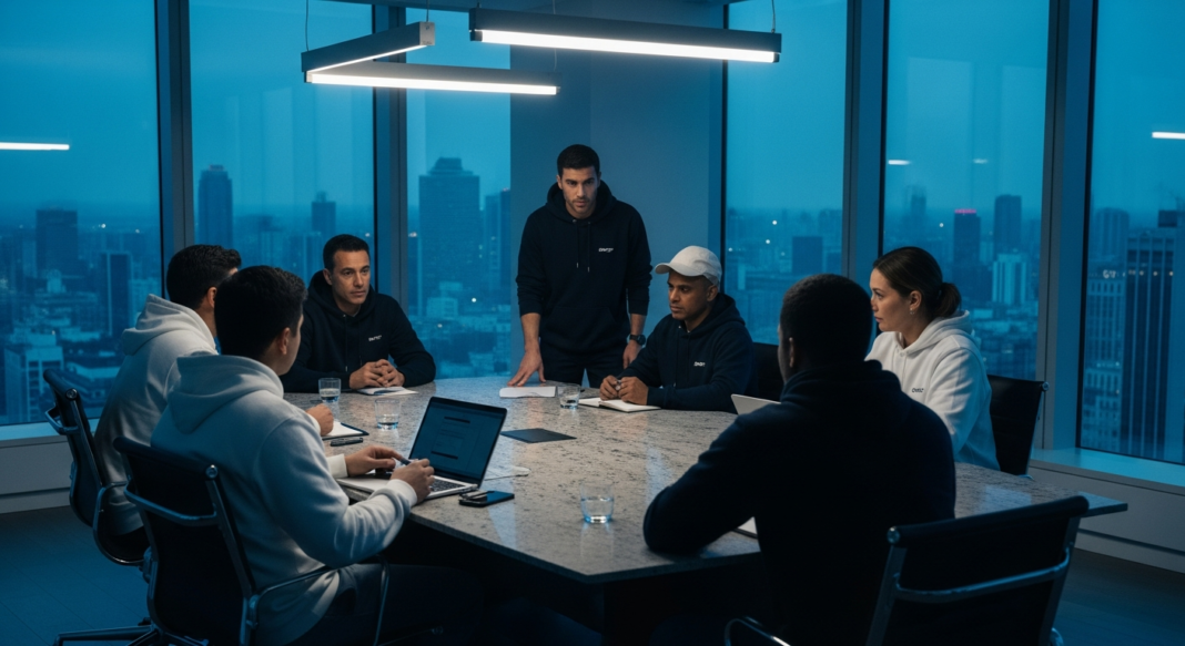 A group of professionals in hoodies having a late-night meeting in a high-rise boardroom overlooking a city.