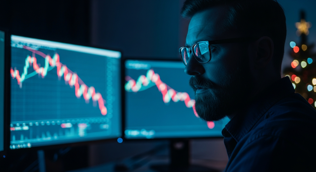 A man with glasses monitors declining stock market charts on multiple screens in a dark room.