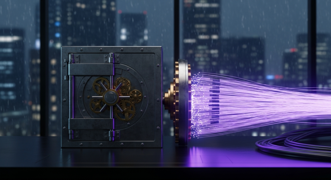 Metallic vault with visible gears connected to a stream of glowing purple fiber optic cables in a rainy city office.