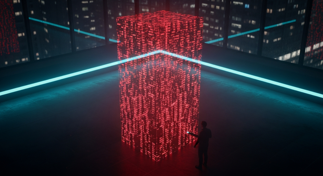 Person silhouetted against a glowing red pillar of digital code in a futuristic room.