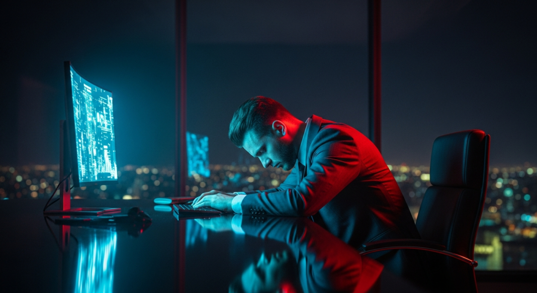 Man in a suit hunched over a keyboard in a dark office with dramatic teal and red lighting and city view.