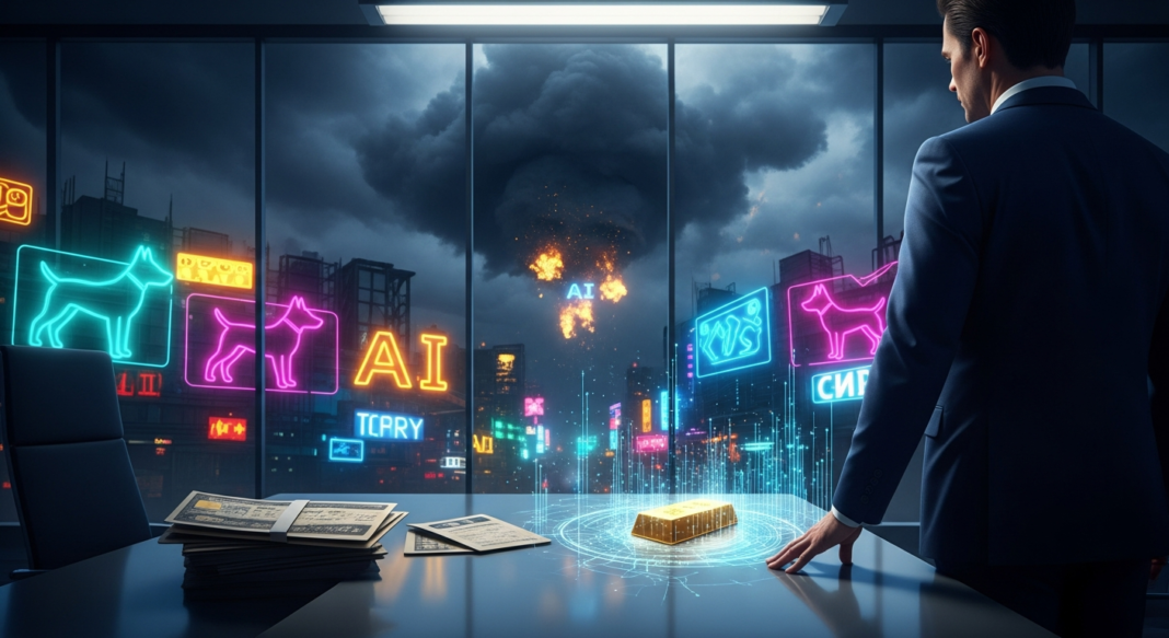 A man in a suit looks out a window at a distant explosion while a gold bar sits on a holographic desk display.