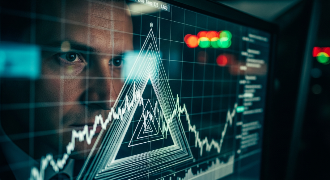 file-110.png-110 Man's face reflected behind a glowing digital display featuring financial line graphs and geometric data patterns.