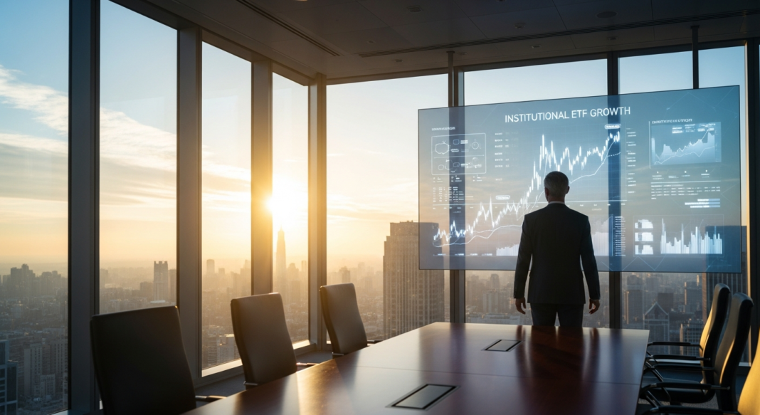 A man in a suit looks at a digital screen displaying financial growth data in a high-rise office at sunset.