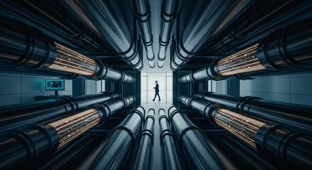 A person walks through a brightly lit doorway at the end of a corridor of large, glowing industrial pipes.