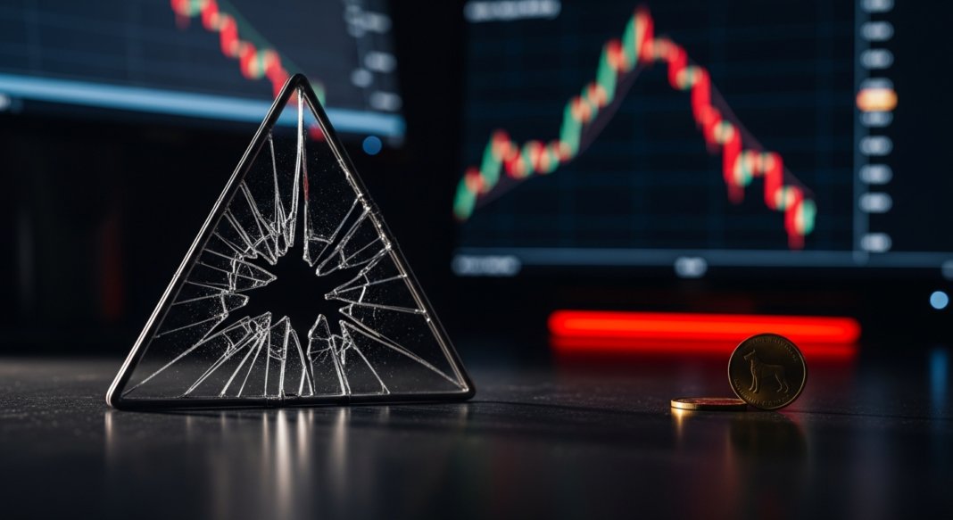 A shattered glass triangle and gold cryptocurrency coins sit before a falling stock market chart.