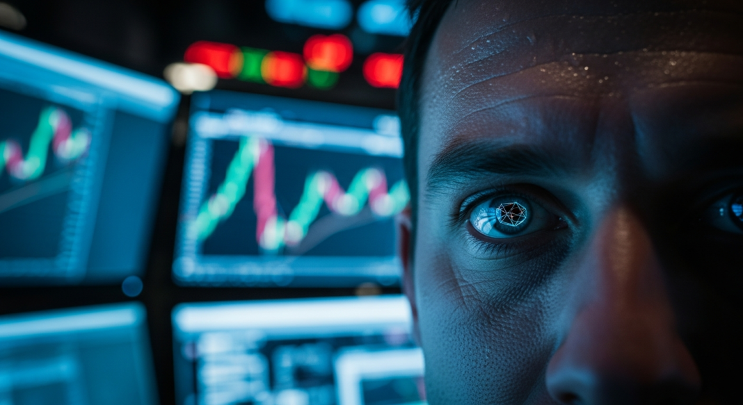 Close-up of a man's eye with a digital graphic reflection, with blurred financial trading screens in the background.