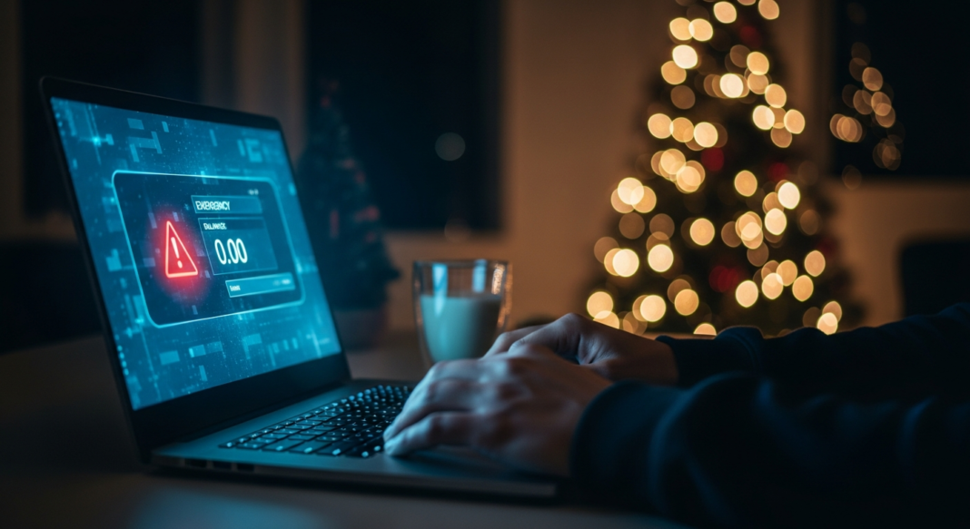 Hands typing on a laptop showing a cybersecurity warning icon, with a blurry Christmas tree in the background.