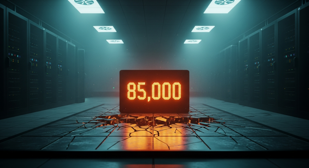 file-118.png-118 Digital display showing 85,000 on a cracked, glowing floor in a modern server room.