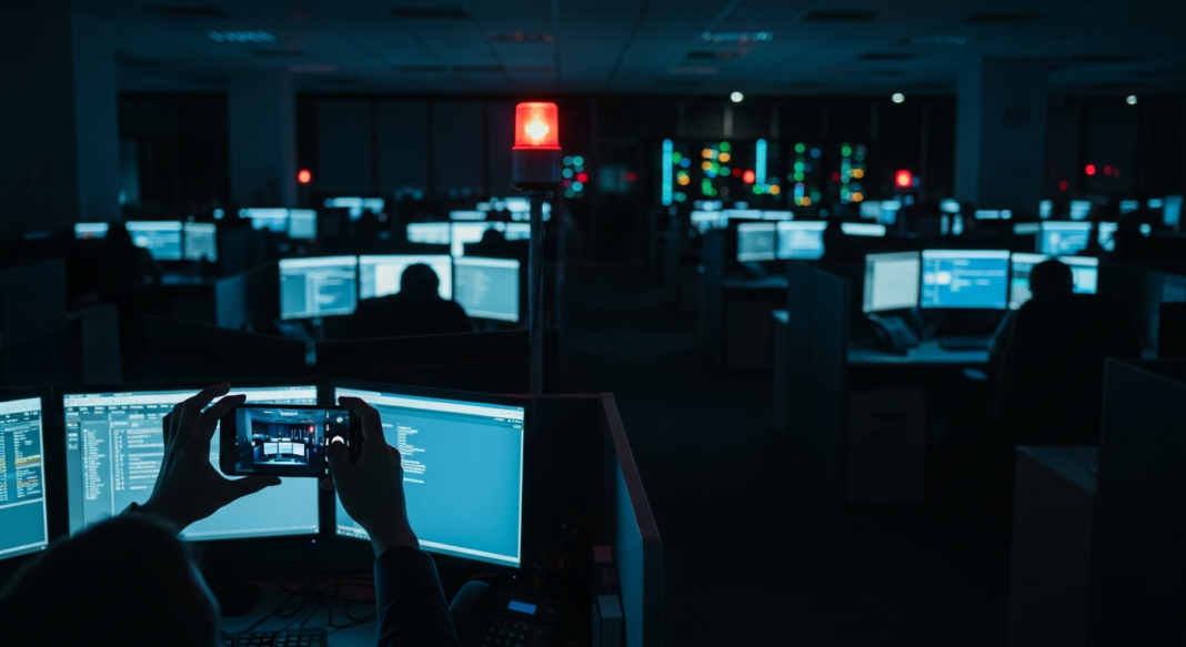 file-119.png-119 Person taking a smartphone photo of computer monitors in a dark office under a red warning beacon.