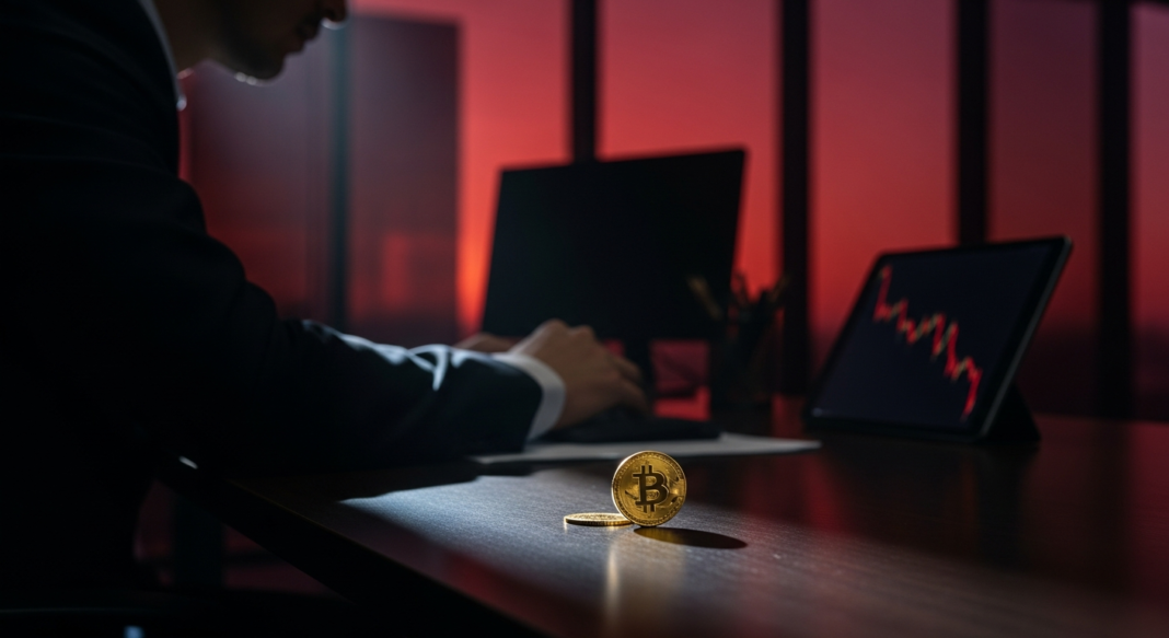 A physical gold Bitcoin coin on a desk with a blurred businessman and a red market chart in the background.