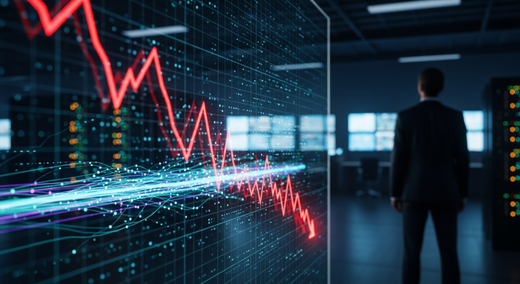A sharp red line graph showing a downward trend on a digital screen, with a blurred businessman in the background.
