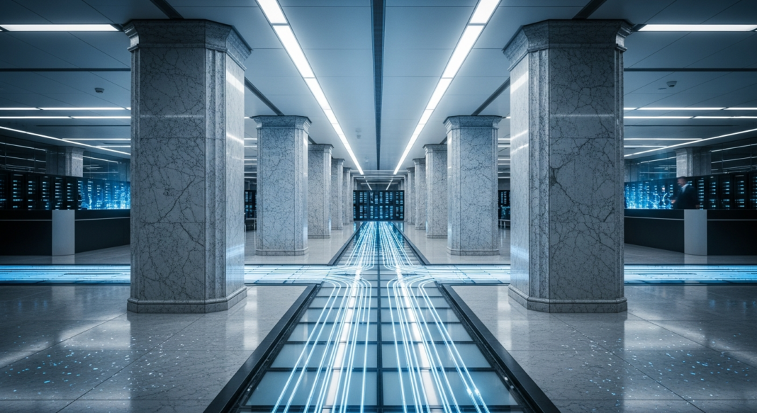 Futuristic data center with marble pillars and glowing blue light paths on the floor leading to server racks.