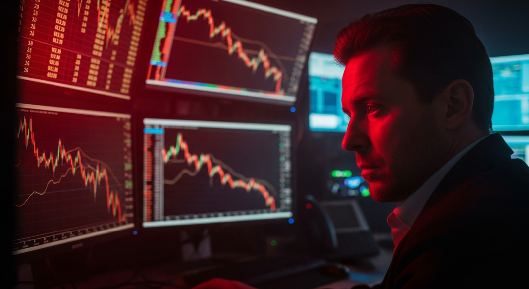 A focused man in a dark room monitors multiple computer screens displaying red stock market candlestick charts.
