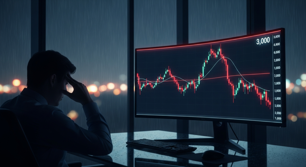 Silhouetted person holding their head in stress while looking at a falling stock market chart on a large computer monitor.