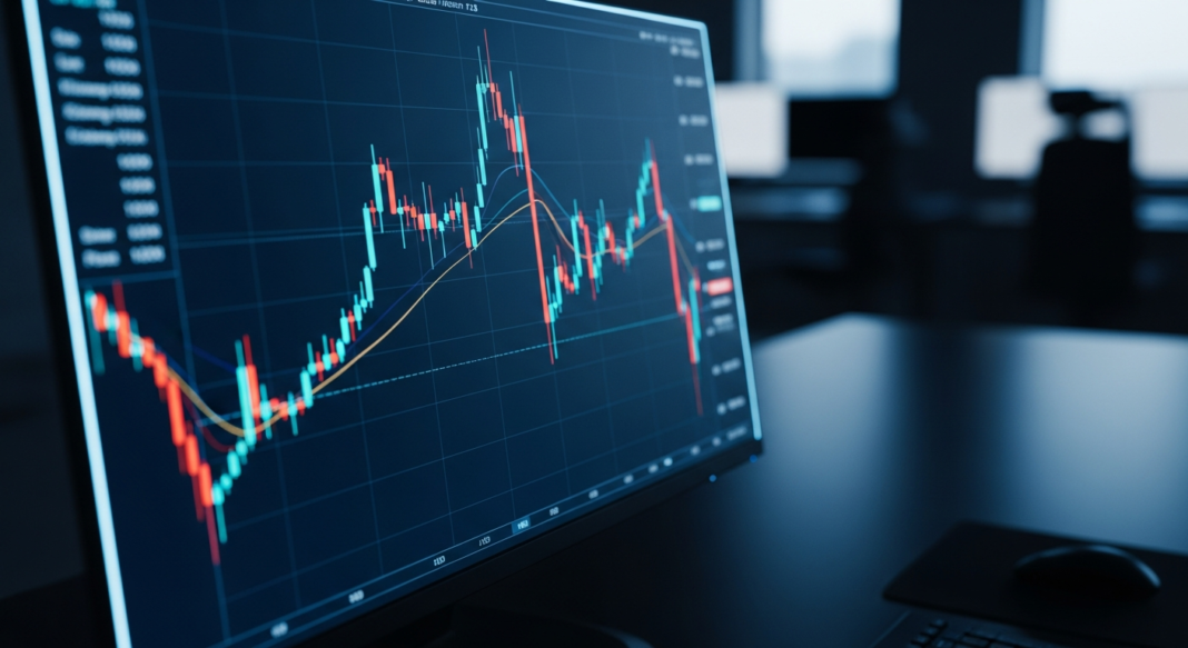 Computer monitor displaying a teal and red candlestick stock market chart in a dark office setting.