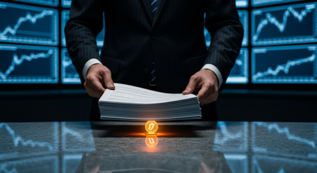 file-129.png-129 A person in a suit holds a thick stack of papers over a glowing orange coin in a room with financial chart monitors.