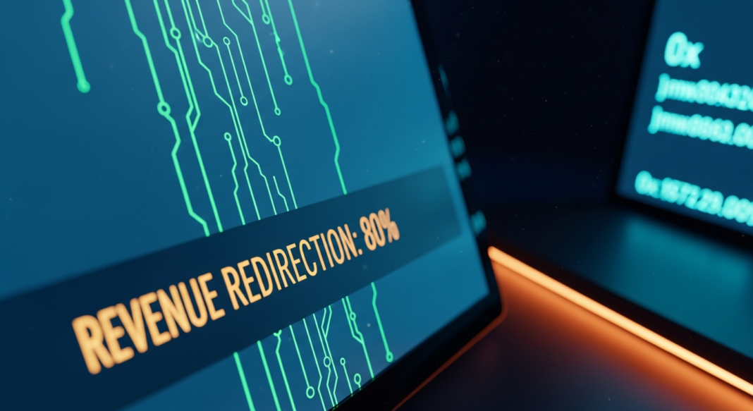 Digital screen displaying 'REVENUE REDIRECTION: 80%' with glowing green circuit patterns.