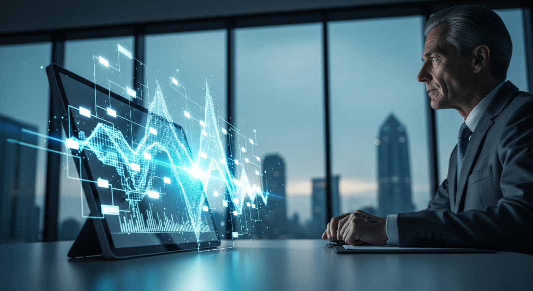 file-131.png-131 A businessman views a glowing 3D holographic graph on a desk in a high-rise office at night.