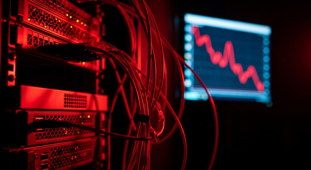 A server rack with tangled cables under red light, with a monitor displaying a declining line graph in the background.