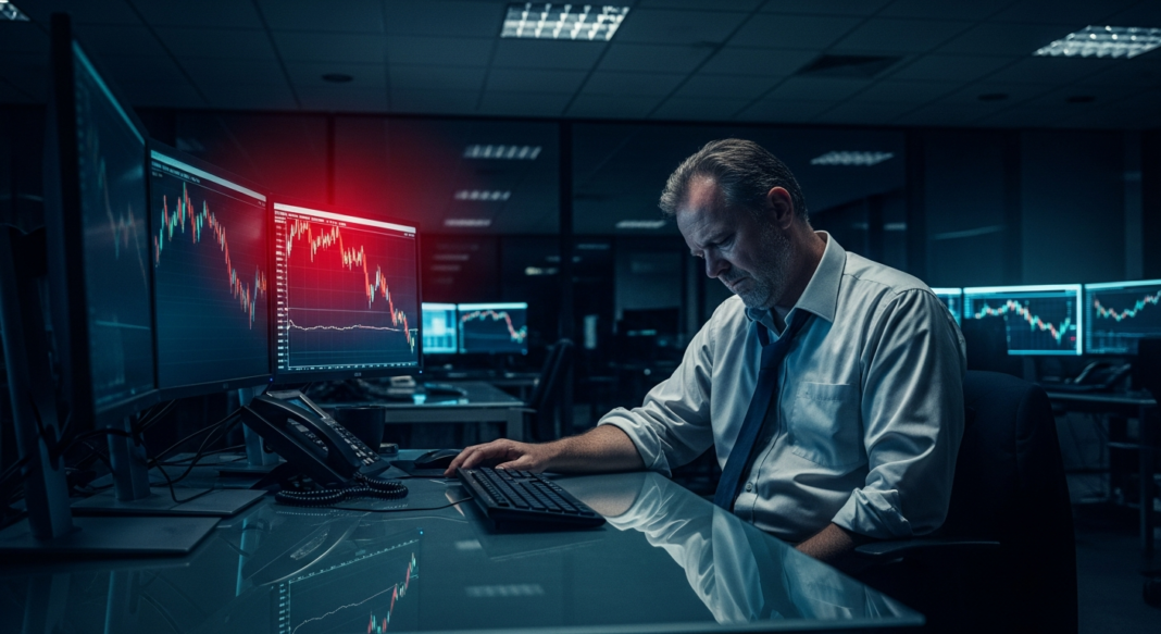 file-137.png-137 Tired trader in a dark office looking at financial monitors showing a market downturn.