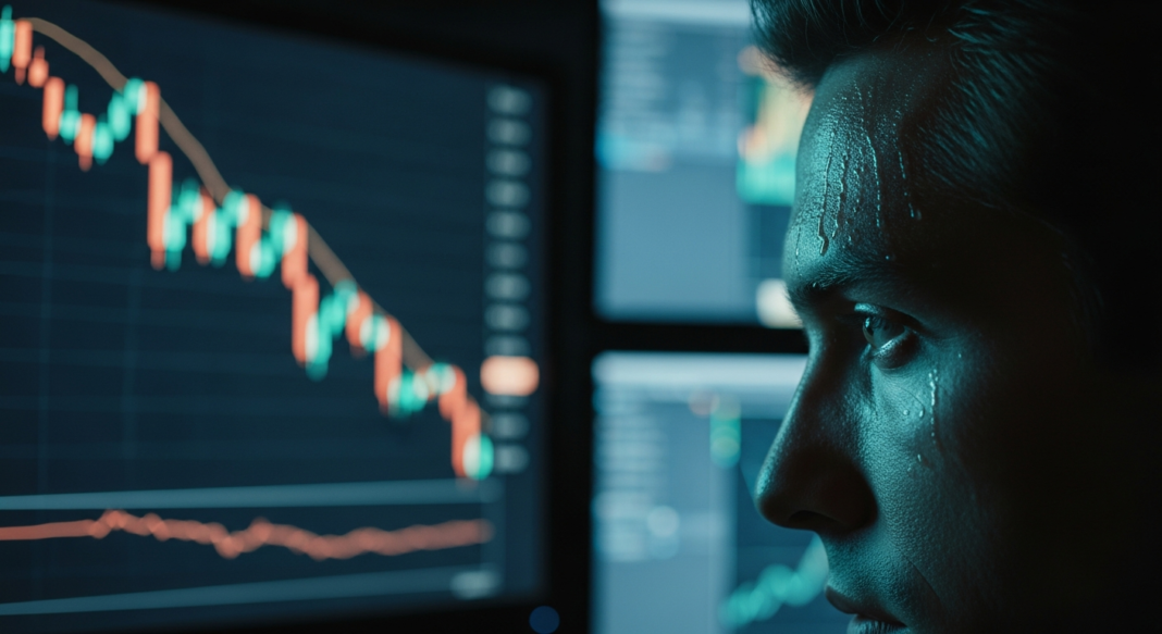 A man with sweat dripping down his face looks at computer monitors displaying crashing stock market charts.