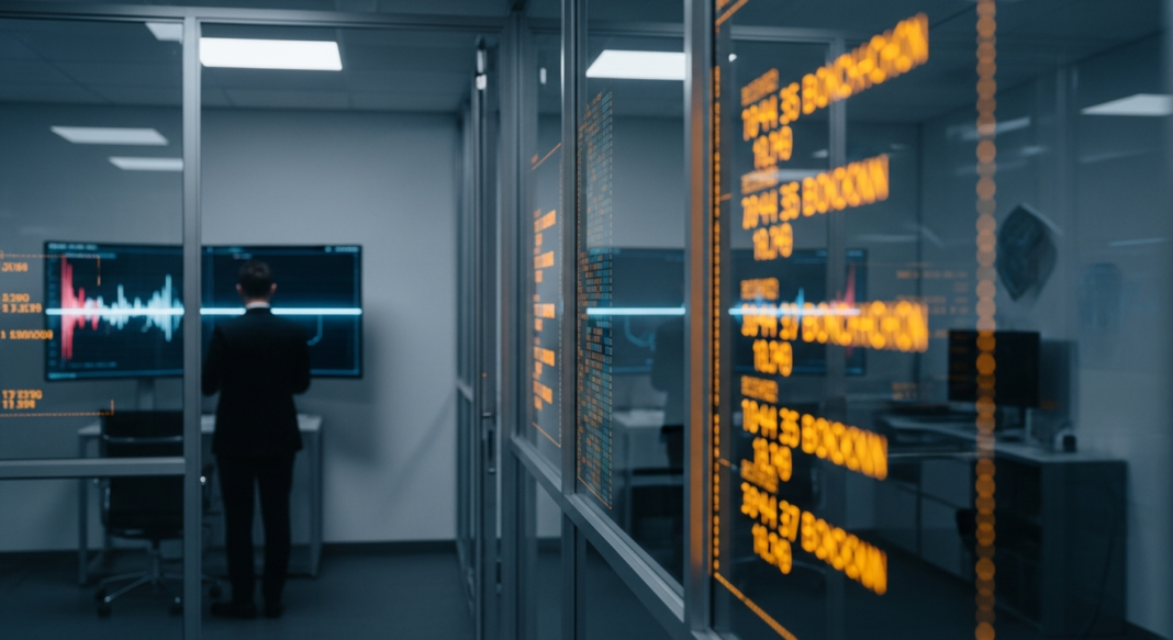 Professional in a suit viewing data screens in a modern office through glass with glowing orange text overlays.