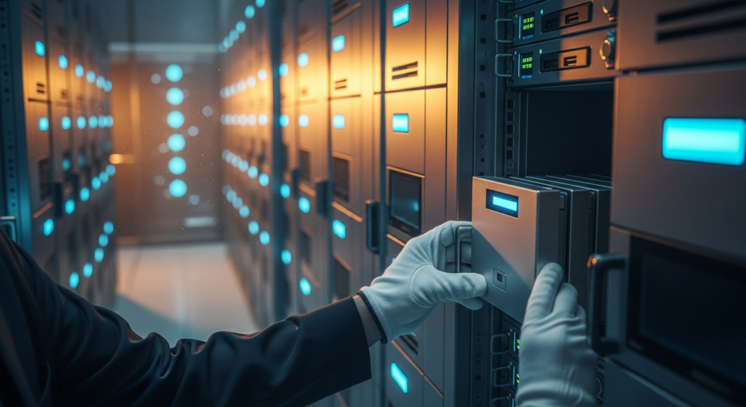 Gloved hands sliding a module into a server rack within a modern data center.