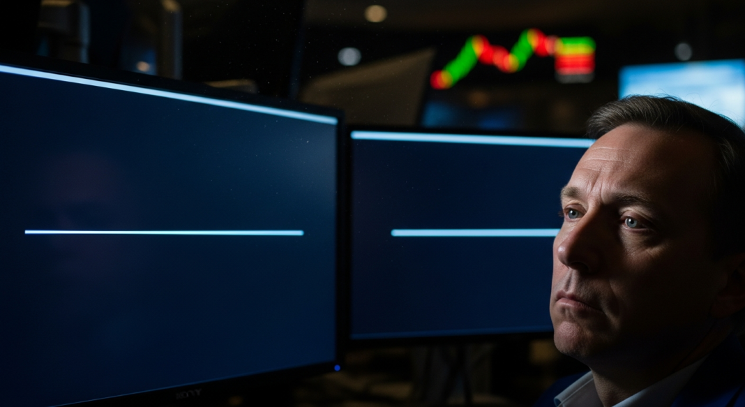 A focused male trader sits before multiple dark computer screens in a dimly lit financial environment.