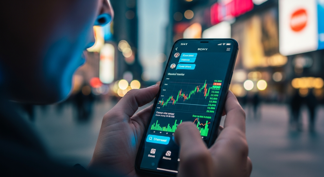 Close-up of a person tracking stock market trends on a smartphone against a blurred, neon-lit city background.