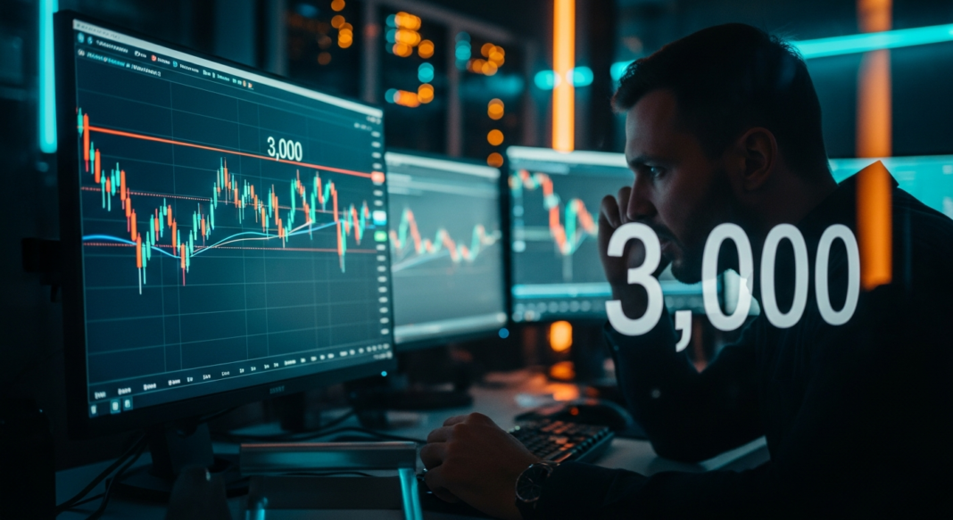 file-146.png-146 A man intently analyzes multiple computer monitors displaying green and red stock market candlestick charts.