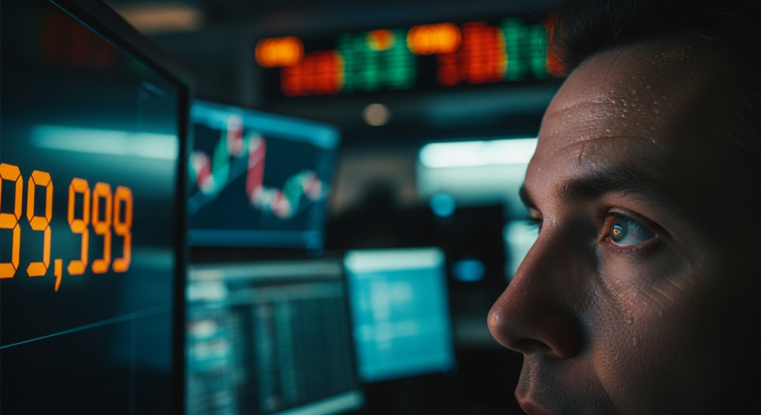 A stressed man with sweat on his face intently watches glowing stock market screens in a dark room.