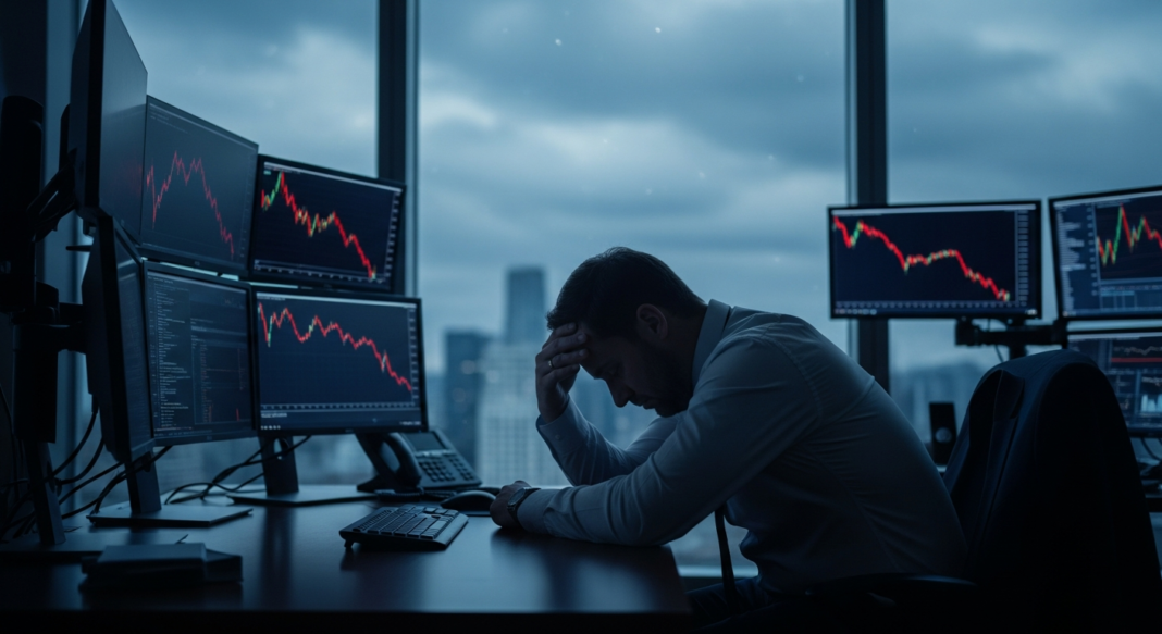 A stressed businessman sits at a desk with multiple monitors showing declining stock market charts.