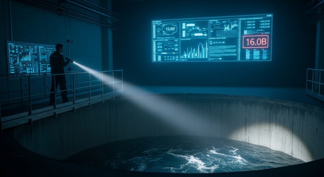 A person on a walkway shines a flashlight into a large circular pool of water in a futuristic dark facility.